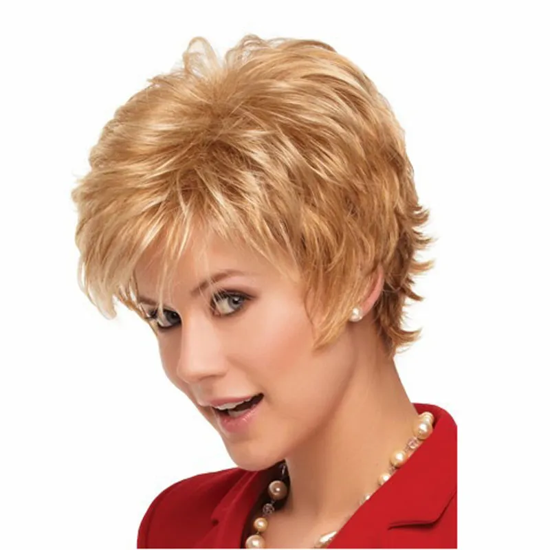 Ladies Short Fluffy Light Golden Wigs Top Quality Synthetic Hair Cosplay Wigs High Temperature Fiber Hair European American Style