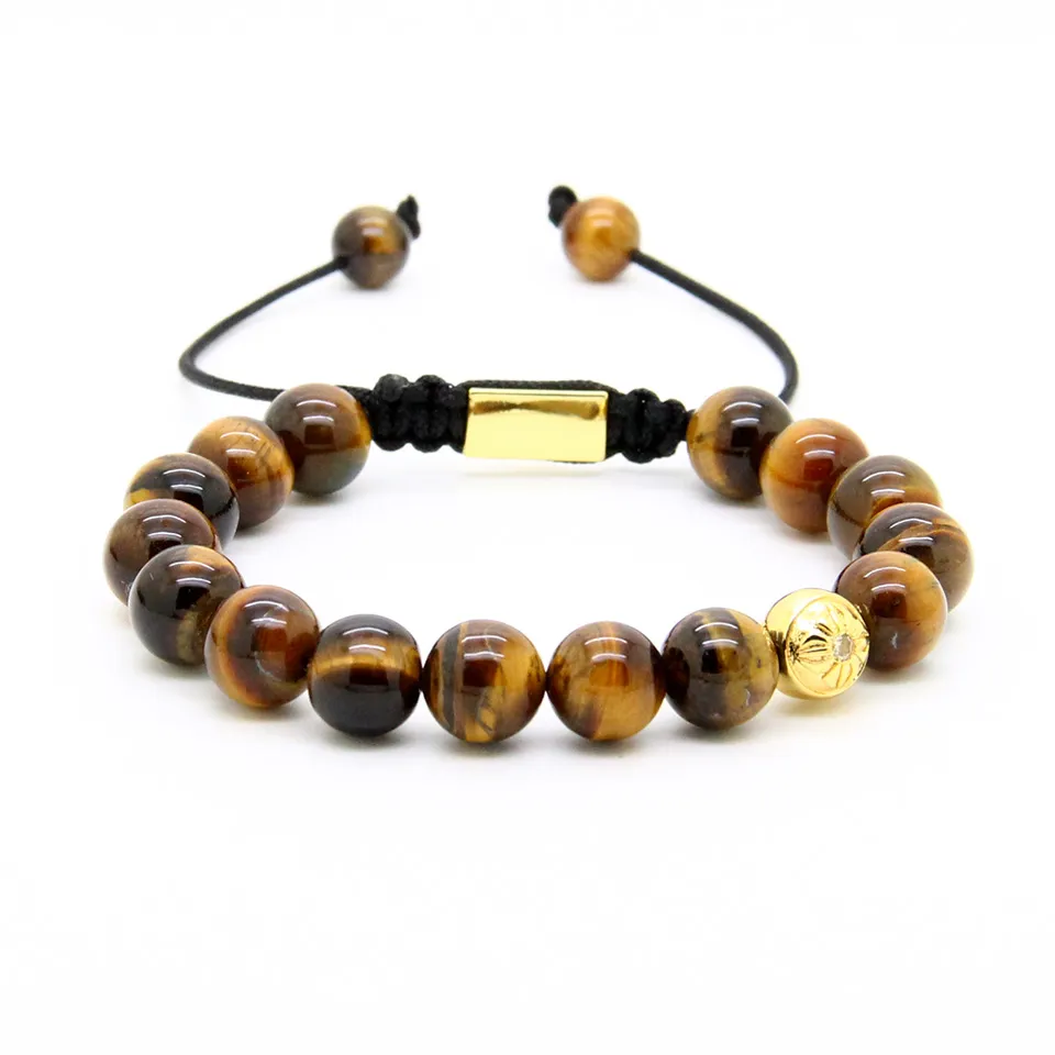 Nouveau En Gros 10 pcs / lot Hommes Plaqué Or Clair Cz Avec 10mm Tiger Eye Pierre Perles Tressage Bracelet