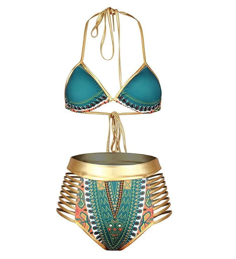 Sexy sud-africain doré licou bikini taille haute maillot de bain deux pièces maillot de bain femme baigneur