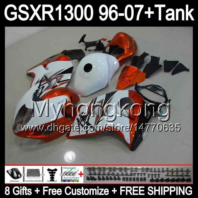 Glans vit 8Gift för Suzuki Hayabusa GSXR1300 96 97 98 99 00 01 13MY177 GSXR 1300 GSX-R1300 GSX R1300 02 03 04 05 06 07 Top Orange Fairing