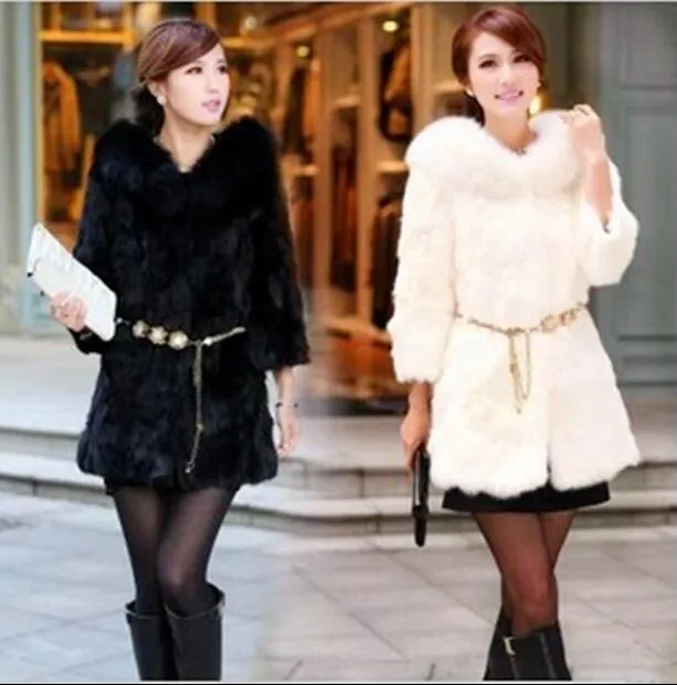 Winterwarmer Damen-Mantel aus Kunstkaninchenfell, Fuchspelzkragen, schmale lange Jacke ohne Schärpen, Schwarz-Weiß-Nerz-Outwear