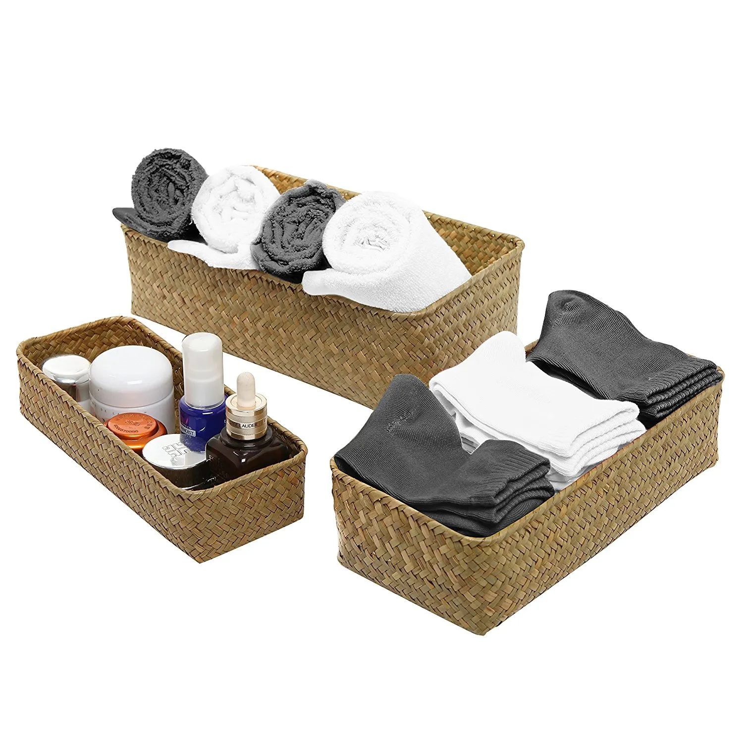 Handgjord halmlagringsbox Seagrass korg Rattan Fruktbehållare Makeup Organizer Woven Storage Korgar Korgkorgar