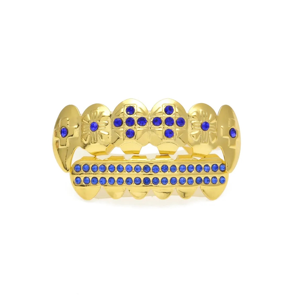 New Gold Plated Iced Out Blue CZ Strass Hip Hop Denti bocca GRILLZ Caps Top Bottom Grill Set Denti da vampiro Gioielli