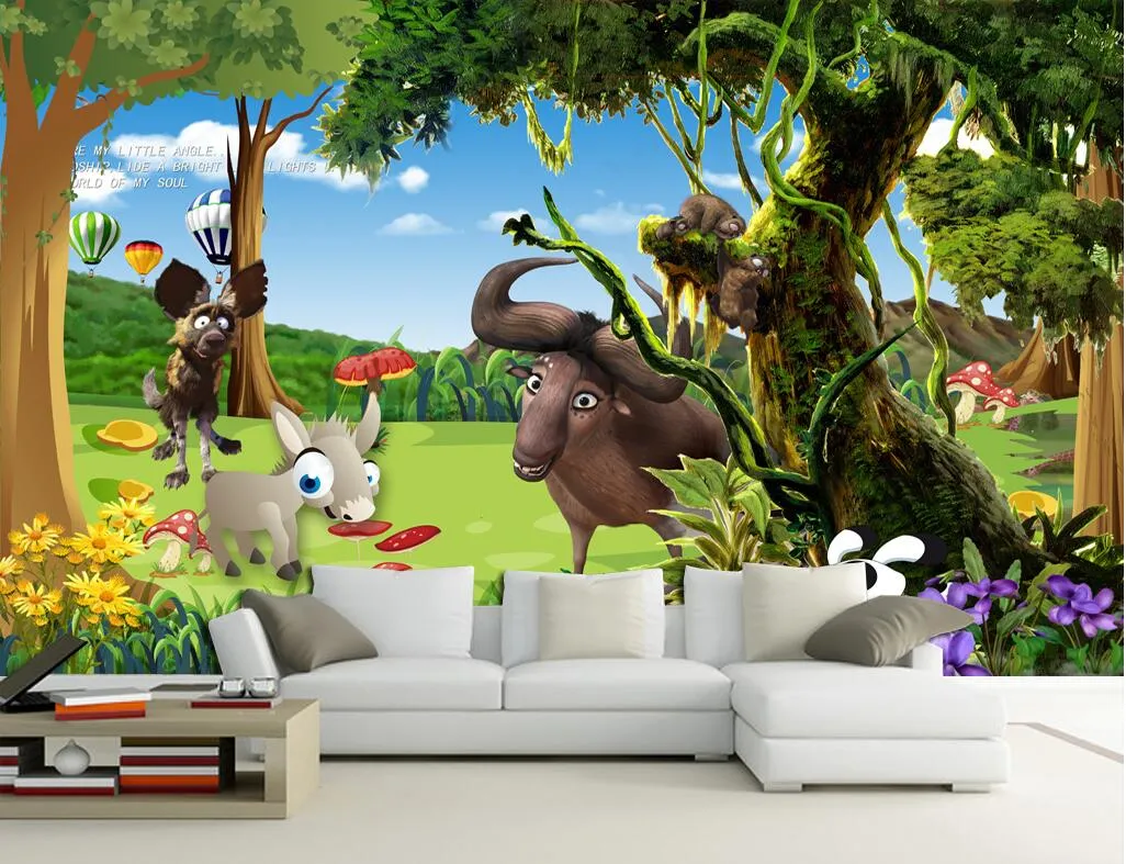 Papel tapiz 3d foto mural personalizado Bosque de dibujos animados fresco  fondo de los niños pared