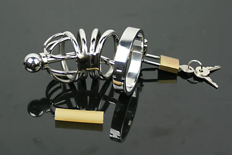 Vente en gros, Cage de pénis de coq de bondage d'acier inoxydable masculin avec le dispositif de ceinture de chasteté de cathéter BDSM Gay Fetish Adult Sex Toy Produit A502