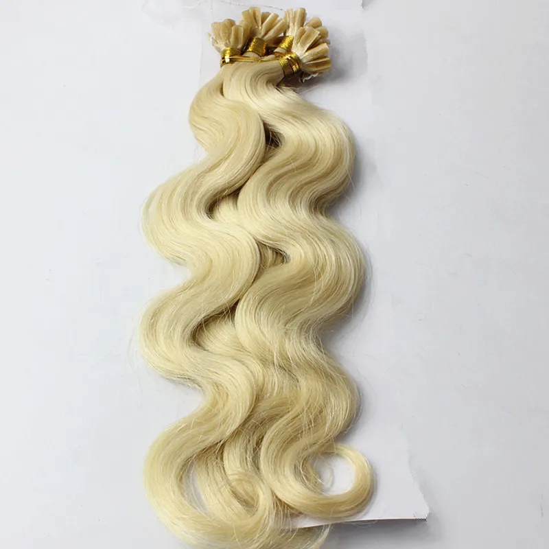 Spik / U Tips # 613 Brasiliansk Virgin Remy Hair Platinum Blond Body Wavy Micro Bead Loop Ring Hårförlängningar 0,8g / s 200pcs / parti