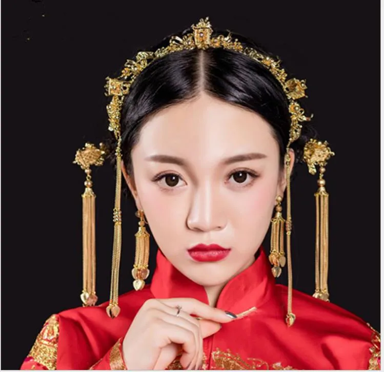 Chinese wedding bride headdress hairpin tassel Hoop Earrings Set Wedding Gown Costume show kimono Longfeng jewelry