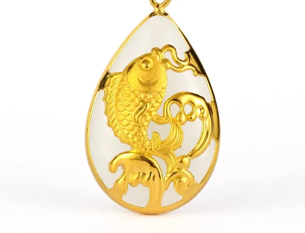 Goud ingelegd jade wit water type gouden karper (Talisman) ketting hanger (meer) elk jaar