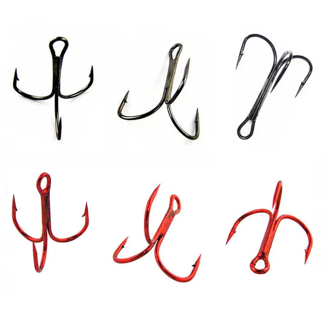 100pcs 35647 High Carbon Steel Treble Fishing Hooks Red Black Round Bent Triple Hard Lure Spoon Fishhooks