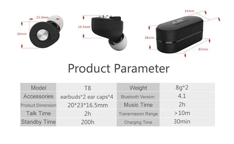 TWS T8 Bluetooth-Kopfhörer Mini Invisible True Wireless V4.1 Zwillinge In-Ear-Kopfhörer mit intelligenter Ladebox Stereo-Freisprecheinrichtung