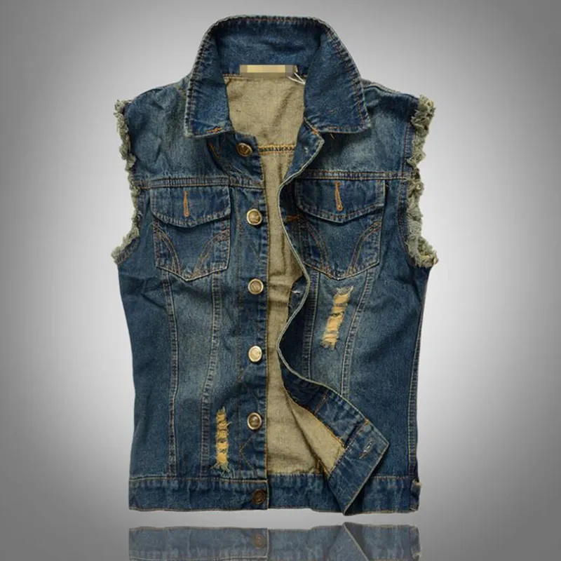 Gilet di jeans invecchiato da uomo Jeans senza maniche blu Giacca di jeans Gilet casual da uomo Gilet Biker Homme