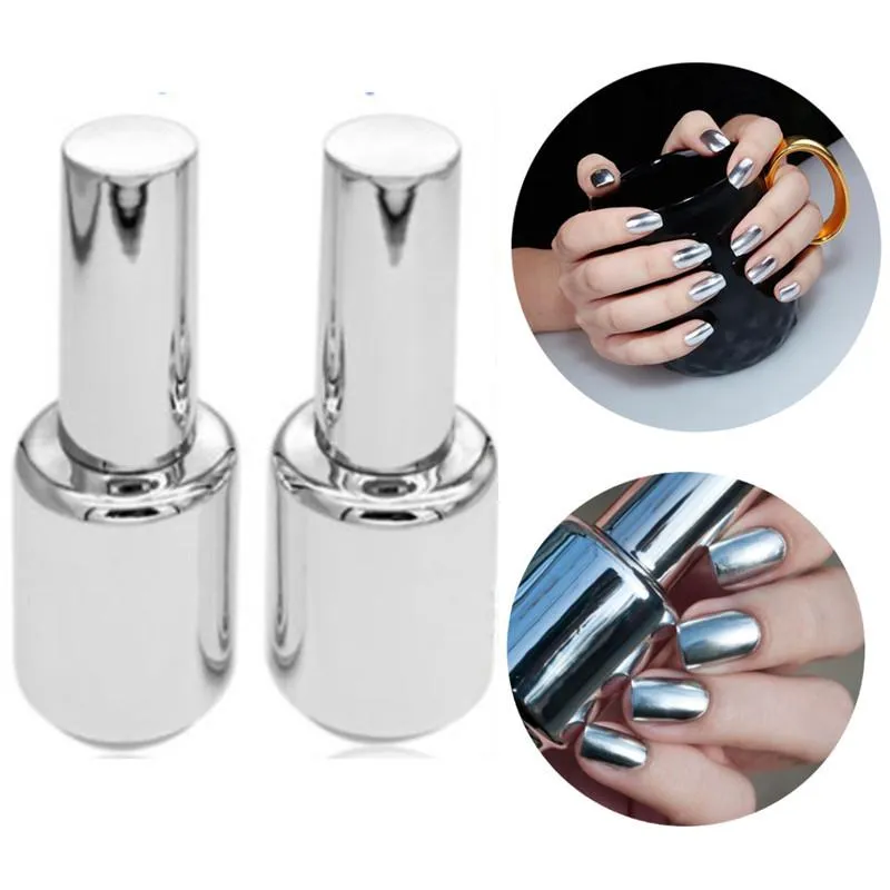 2 Bottles 15ml Silver Mirror Effect Nail Polish Varnish Top Coat Metallic Nails Art Tips DIY Manicure Design Tools Set
