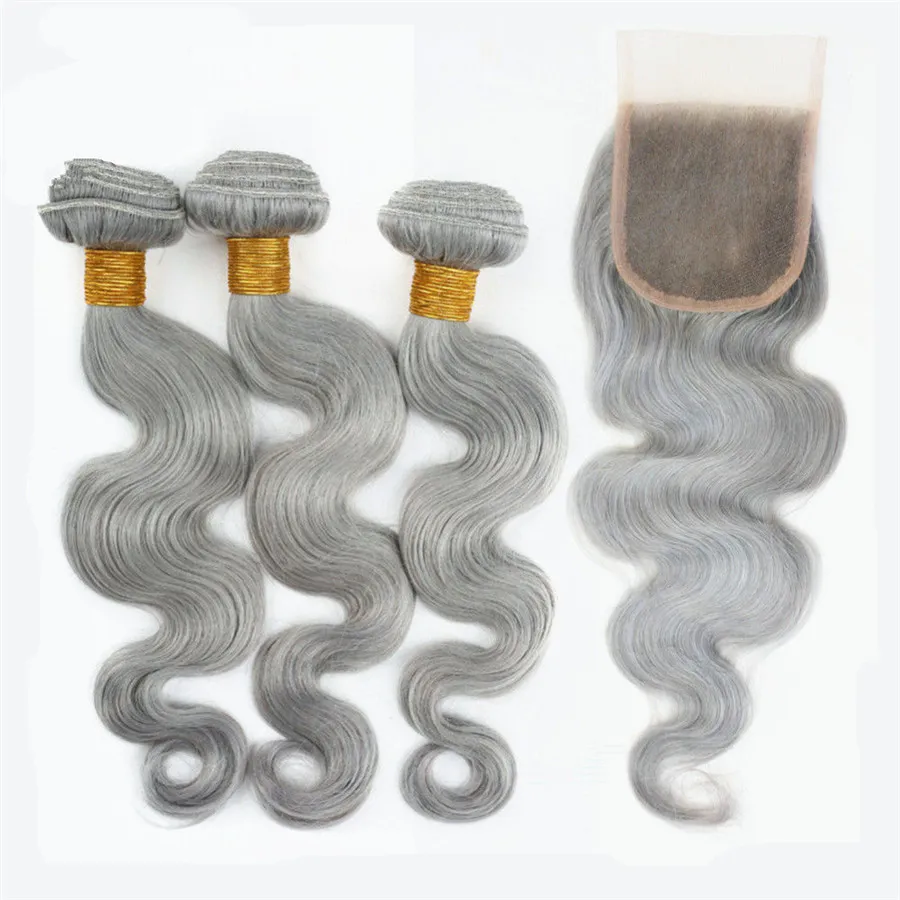 New Fashion Grey Silver Brazilian Virgin Hair Weave 3 Bundles With Lace Closure Body Wave Human Hair Extension With Lace Closure G9997507