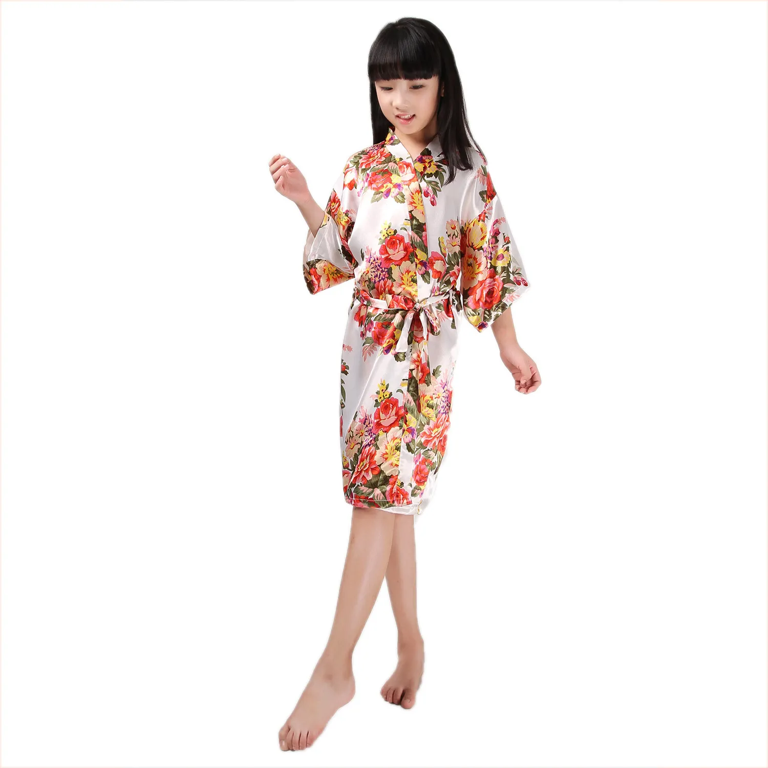 Kids Satin Rayon Kimono Robe Bloemen Print Badjas Kinderen Nachthemd Voor Spa Party Bruiloft Verjaardag