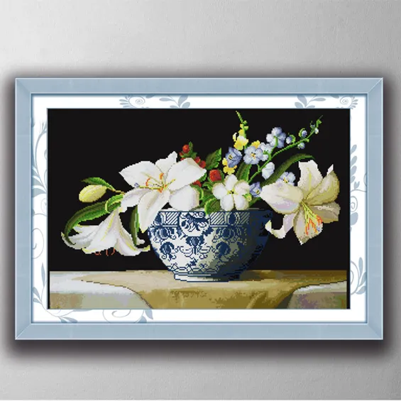 Parfüm-Lilien-Blumen-Wohnkultur-Gemälde, handgemachte Kreuzstich-Stickerei-Nadelarbeitssets, gezählter Druck auf Leinwand DMC 14CT/11C