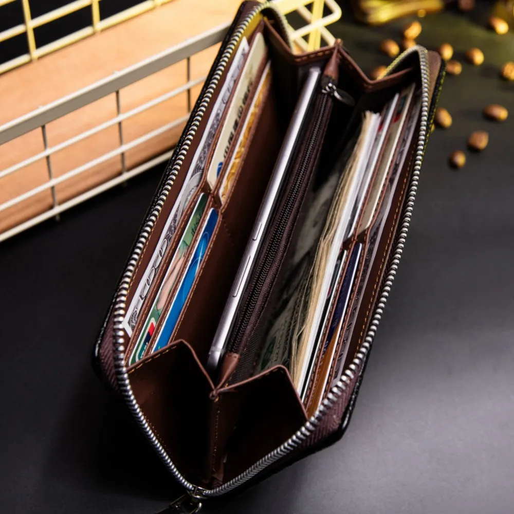 Baborry Men s Long Wallets New Plaid Hand Strap Zipper Closure Black Coffee Quality Soft Large Capacity Credit Card Holder Purse
