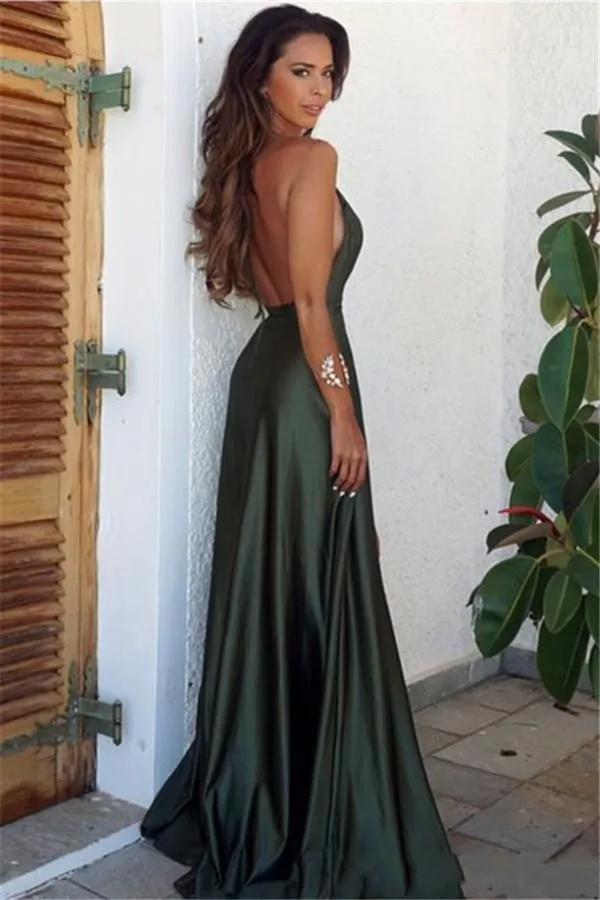 Olive Green Beach New Simple Simple 2019 A Line Prom Vestes Deep Spaghetti Vneck sin espalda Satin Sartrain Hign Split Sexy Eun8597306