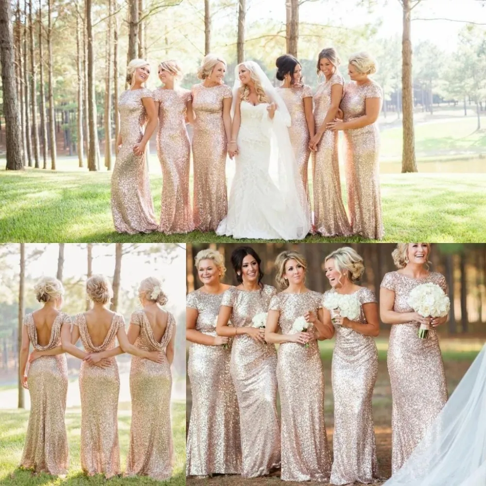 Billiga Guld Sequin Bridesmaid Klänning Stamgolv Längd Långt Land Bridesmaid Klänning Sexig Backless Boat Neck Bröllopsfest Klänning Under 50 $ 71