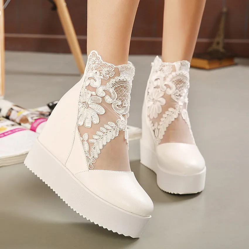 New white lace wedding boots silver bridal pumps wedge ankle boots 2 colors size 34 to 39 WX