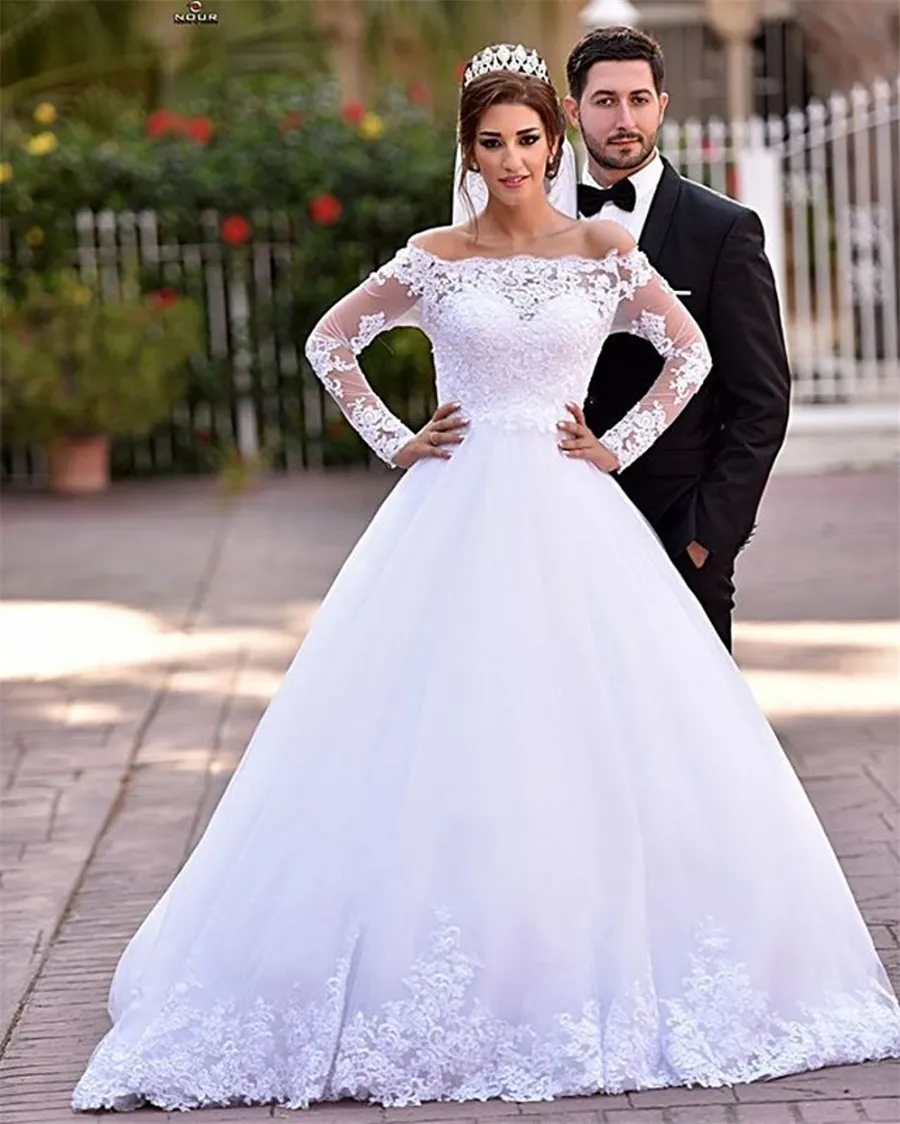 Arabic Style Princess Wedding Dresses With Long Sleeve Boat Neck Off The Shoulder Bridal Gown Applique vestido de noiva princesa