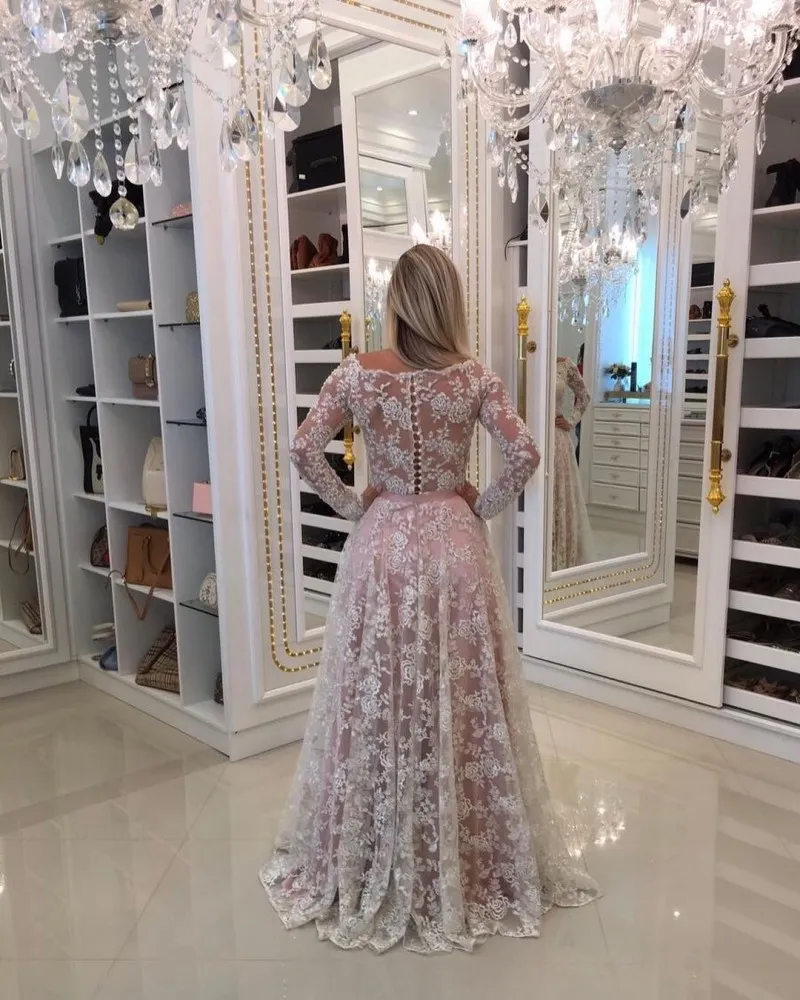 Yousef Aljasmi Women Formal Dresses Pink Off The Shoulder Lace Applique Evening Gown Sweep Train Long Sleeve Prom Dress Party Wear