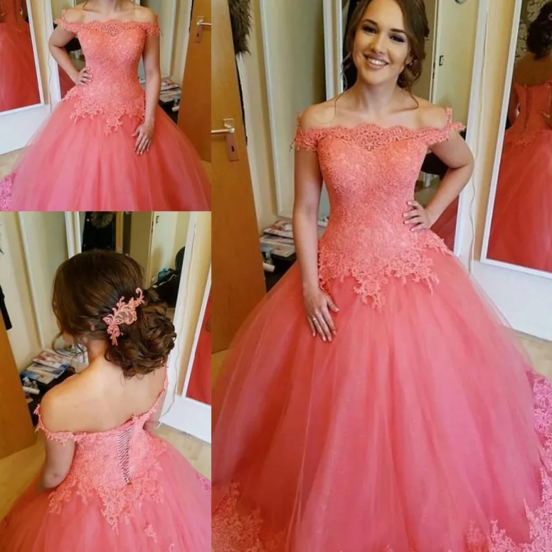 Water Melon Color Evening Gowns Sexy Off Shoulder Lace Appliques Prom Dresses Lace Up Back Tulle Ball Gown Pageant Party Dress For Women