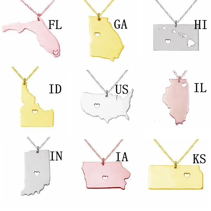 Collier pendentif en acier inoxydable avec carte de l'Indiana avec coeur d'amour USA State IN Geography Map Colliers Bijoux pour femmes et hommes