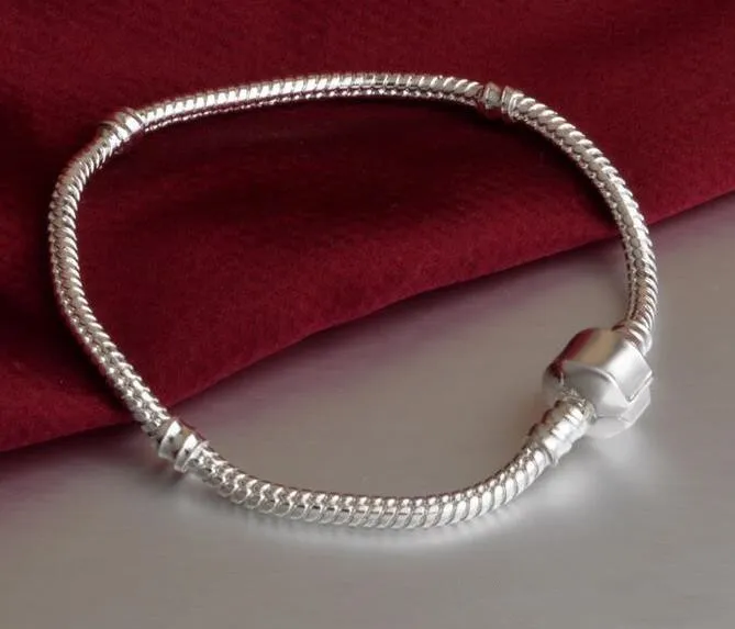 16 cm ~ 22 cm 3mm Cadeia Cobra Fit Pandora Charme Bead Bangle Pulseira de prata 925 pulseiras cadeias DIY Jóias Homens mulheres