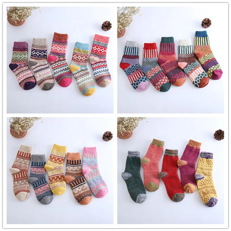 5 Styles Wool Socks Women Winter Thermal Warm Socks Female Crew Fashion Colorful Thick Socks Ladies Casual National style Sock Free Shipping