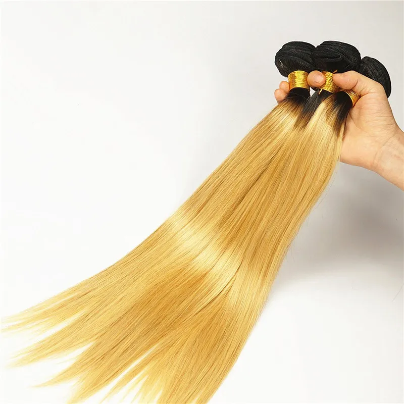 # 1B 27 Biondo miele Ombre Capelli vergini peruviani con chiusura in pizzo 3 fasci Capelli lisci intrecciati con radici scure Chiusura in pizzo biondo marrone