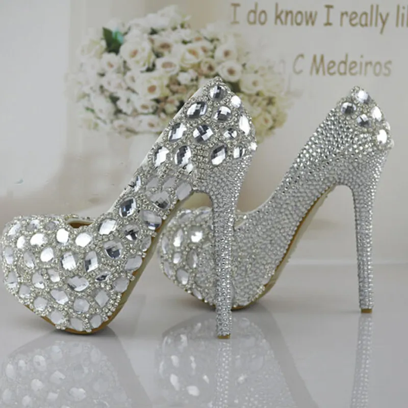 Silver Rhinestone Vacker Prom Party Women High-Heeled Bröllop Skor Bruden Signle Skor Pumpar Storlek 34-43 Bridesmaids Skor