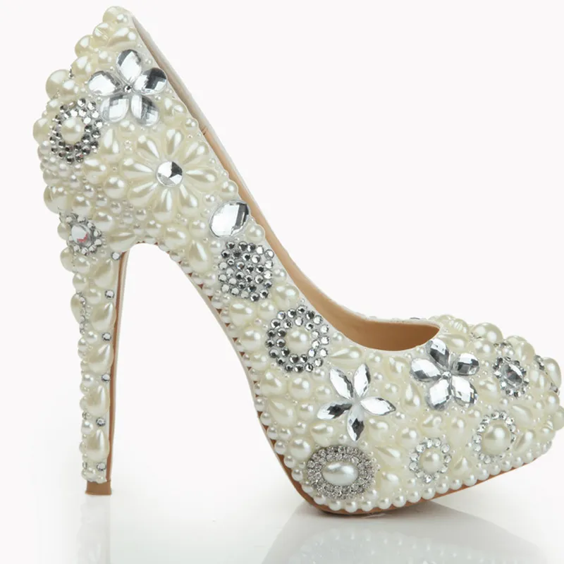 Zapatos de perlas Zapatos de fiesta de bodas nupciales Discoteca Tacón de aguja Perlas de diamantes de imitación Zapatos de tacón alto Zapatos de novia hechos a mano