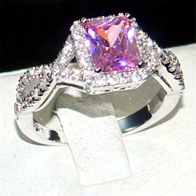 Joias de prata esterlina 925 eternas com corte de princesa 6CT quadrado rosa topázio diamante anéis de pedras preciosas anel de casamento de dedo para mulheres tamanho 5-11 1C31