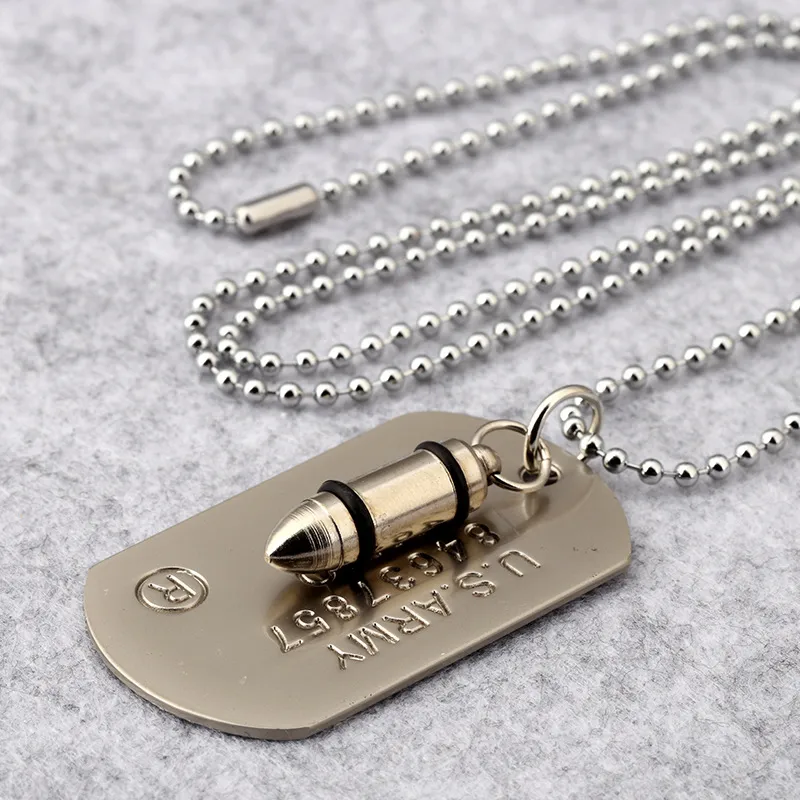 Hipster Hip Hop Smycken Bullet U.S.S.Army Card Pendant Halsband Beaded Chain för män Kvinnor Hund Tag 3 Färger