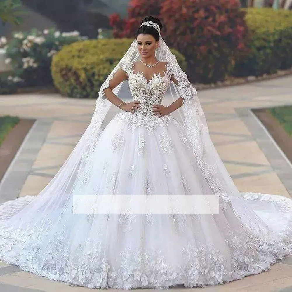 Luxo o-neck 3d flores vestido de baile princesa vestidos de noiva glitter tule  casamento bonecas com 3/4 mangas vestido noiva - AliExpress