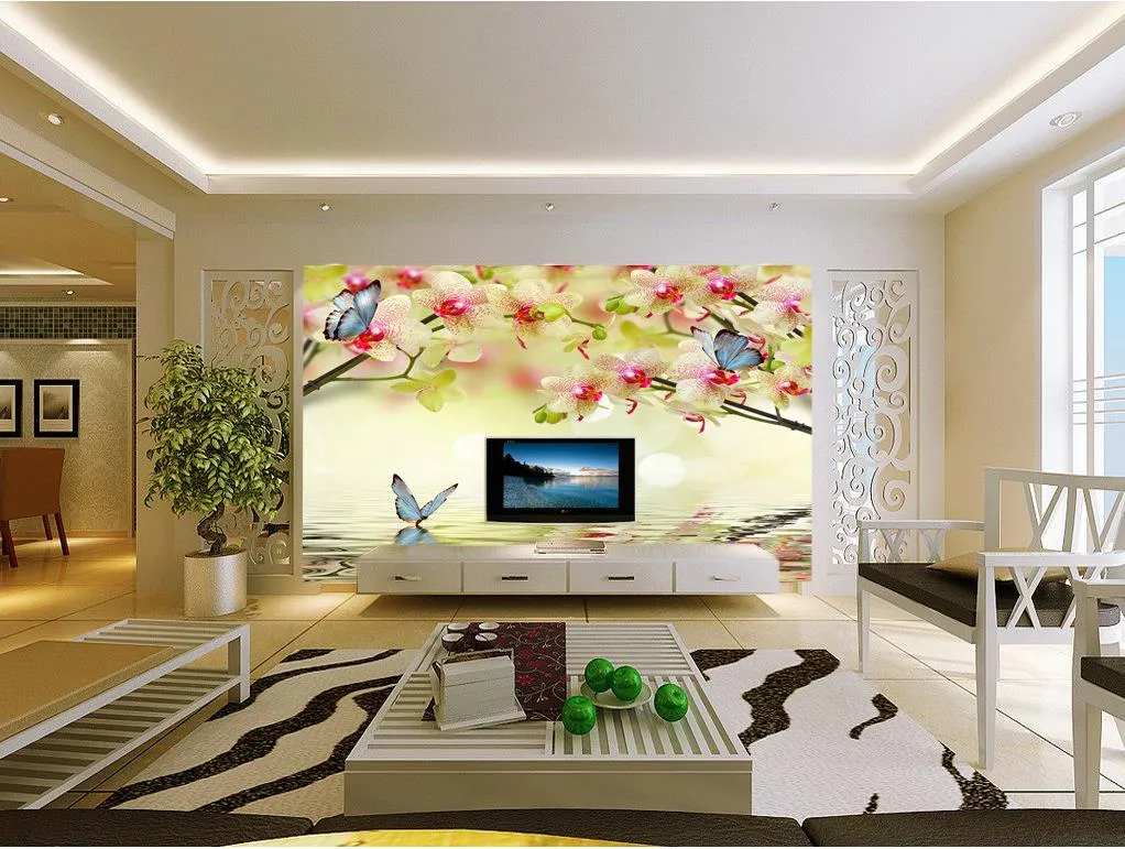 Fantasia Phalaenopsis Reflexões TV Fundo Pinturas de parede mural 3d papel de parede 3d papéis de parede para tv pano de fundo