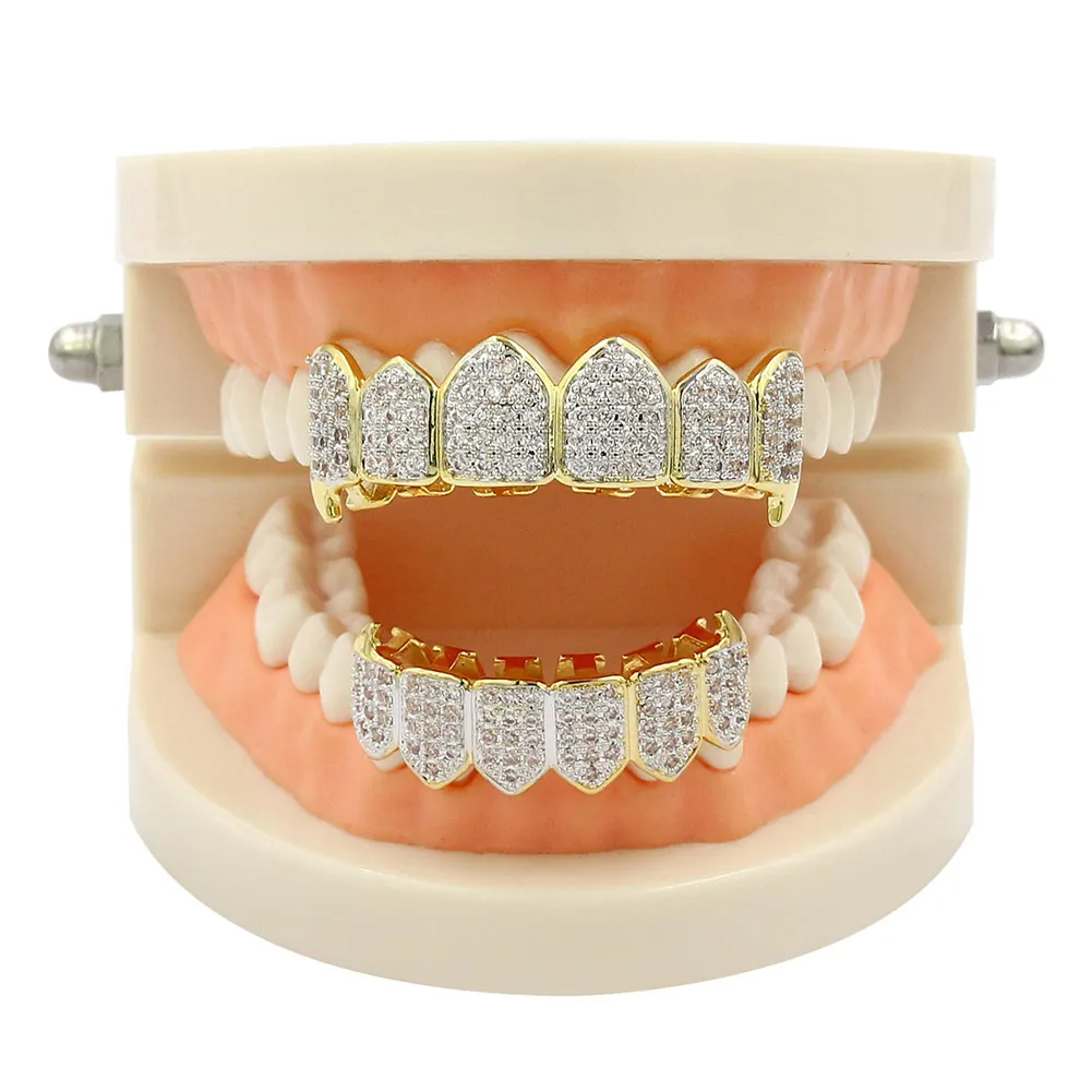 Masowe zęby grillz prawdziwe złoto plisowane grille dentystyczne CZ mikro utwardzone zęby hiphopowe grillz topbottom grill hip hop bling men biżuteria 7243390