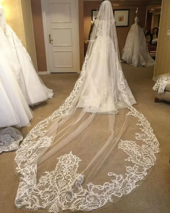 New Arrival Ivory Wedding Veils Three Meters Long With Lace Applique Edge One Layer Cathedral Length Custom Made Cheap Bridal Veil