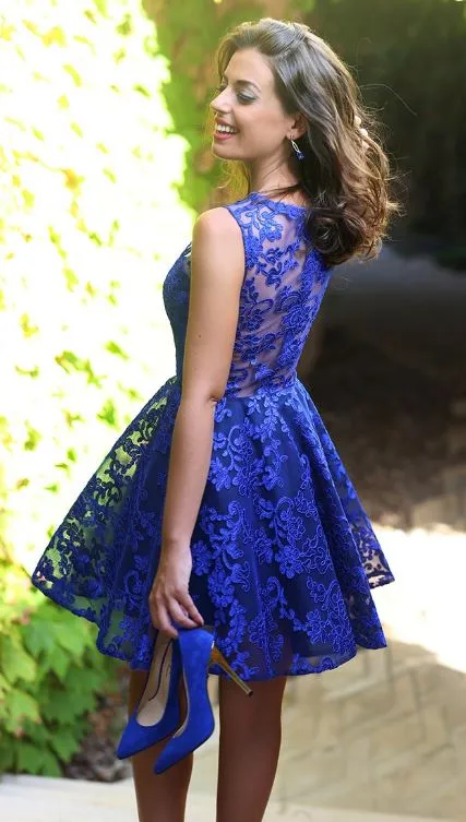 Mooie royal-blue korte prom jurk mode appliques juweel nek mouwloze homecoming jurk sexy mini feestjurken formele vrouwen avondjurk