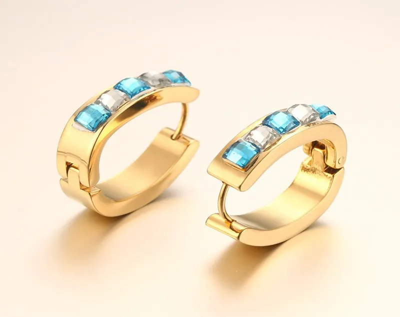 Fashion Blue Stone Earrings for Women Stainless Steel Gold Plated Women Hoop Earrings Jewelry