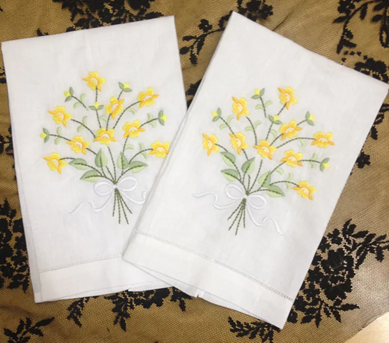 Home Textile White linen Guest Towels Hand Towel 12PCS/lot 14x22"Beautiful Embroidered and Hemstitched Edges White Linen Ladies Handkerchief