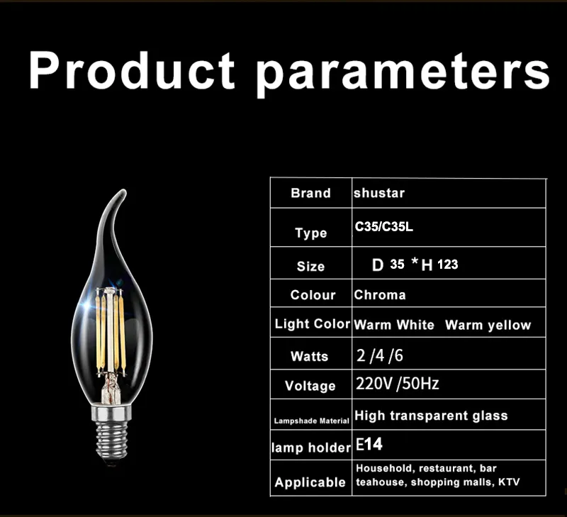 E12 E14 B22 E27 Filament LED candle light bulb 2W 4W 6W dimmable bulbs Replacing 60W Filament Bulbs LED SAA UL AC85-265V