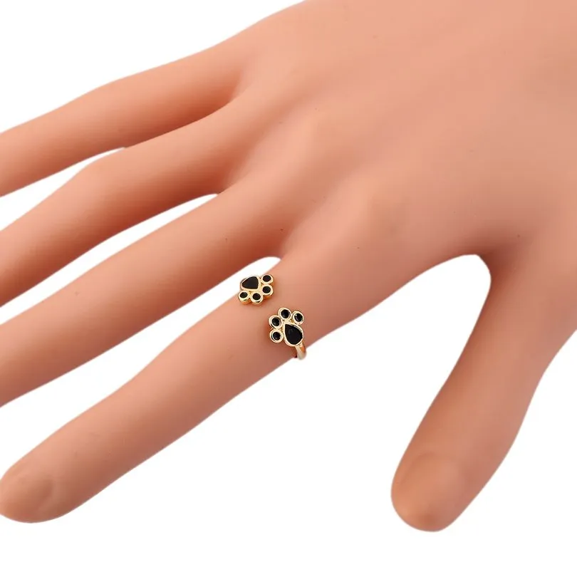 Everfast Wholesale Kpop Adjustable Fashion Animal Cat Paw Print Ring Black Oil Resin Rings for Women Men EFR087