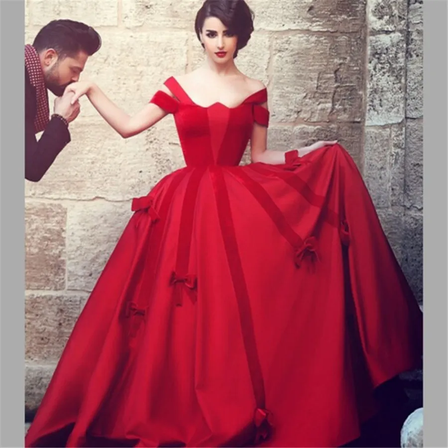 Sais Mhamad Red Prom Dresses Ball Gown Cap Sleeve Satin Velvet Long Evening Dress High Quality Princess Dancing Wear Women Party Gowns