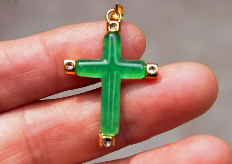 Kopparlegeringsmosaik, Grön Jade, Jesus Kristi kors, Amulet Halsband Hängsmycke.