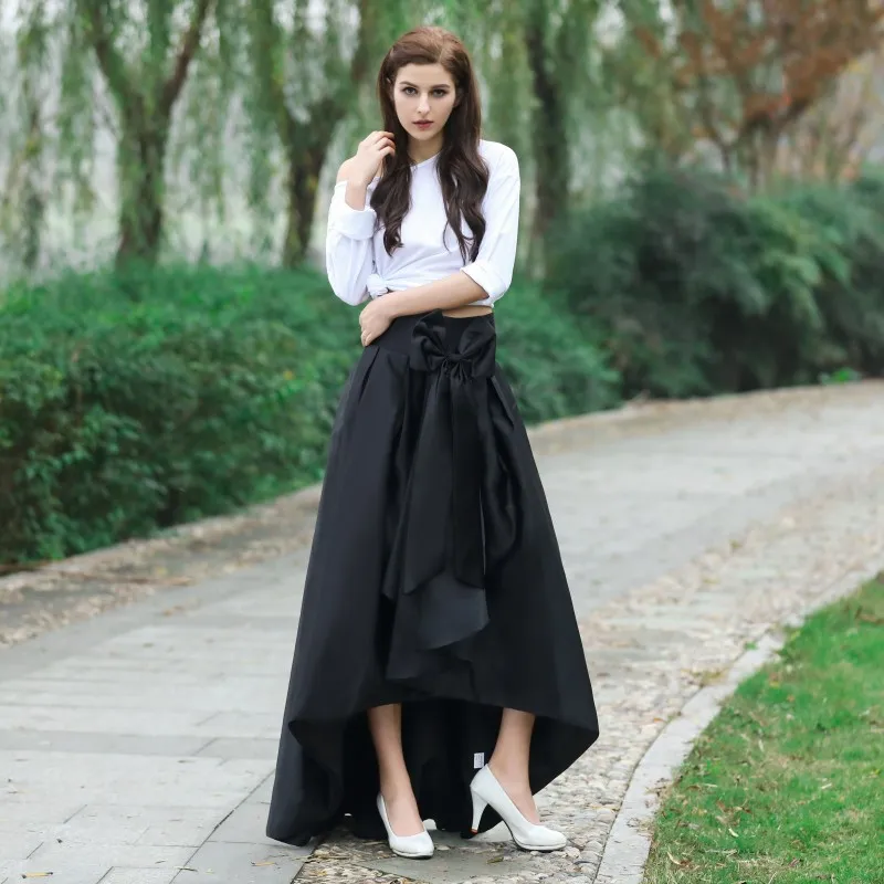 Preto de Alta Baixa Saia Com Arco Na Cintura Nova Moda Tafetá Babados Mulheres Saias Longas Barato Formal Vestido de Festa Frete Grátis