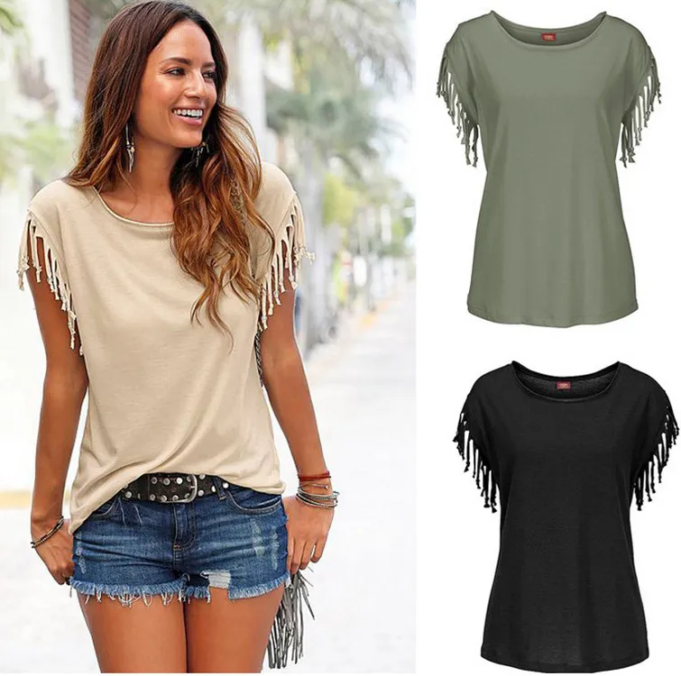 2017 New Fashion Lady T-shirt S-2XL Western O Neck Short Sleeve Cuffs Knot Tassel Cotton Women Summer Tee Tops