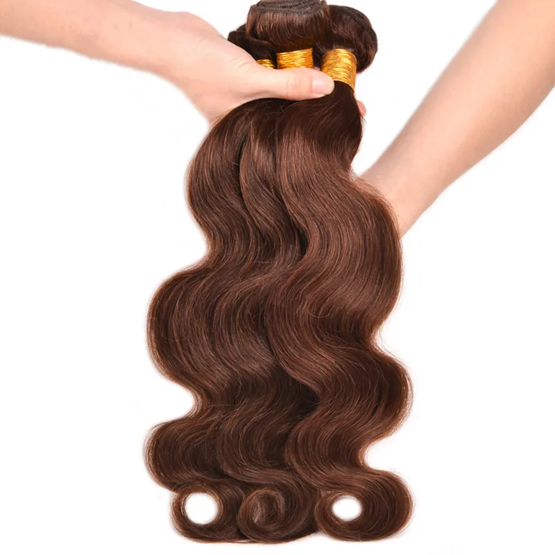 Marrón oscuro # 4 onda del cuerpo del cabello humano 3 paquetes de virgen brasileña trama de cabello humano de color marrón chocolate onda ondulada del cuerpo extensión 10-30 pulgadas