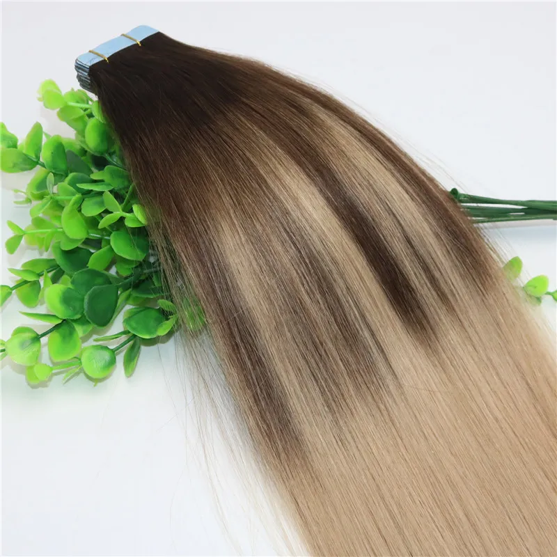 4 18Skin Weft Tape In Human Hair Extensions PU Tape Hair 100gram Balayage Ombre Hair Color Ash Blonde Highlights5972503