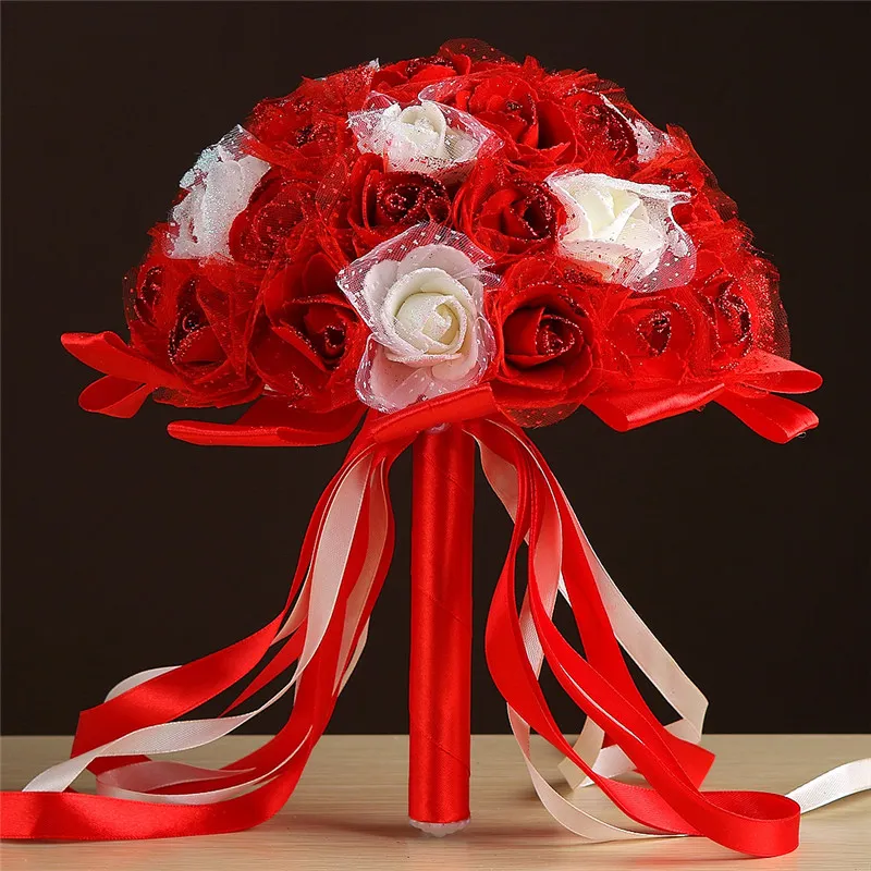 완전히 새로운 S 웨딩 부케 라인트 톤 Pinkredwhitepurple Handmade Flowers 인공 신부 들러리 부케 실크 9629057